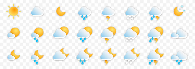 Realistic weather  icons collection. Cloud, sun, moon, snow, snowflake, rain, storm, signs set Isolated weathers color symbols on alpha background. Meteorology  vector website illustration. - obrazy, fototapety, plakaty