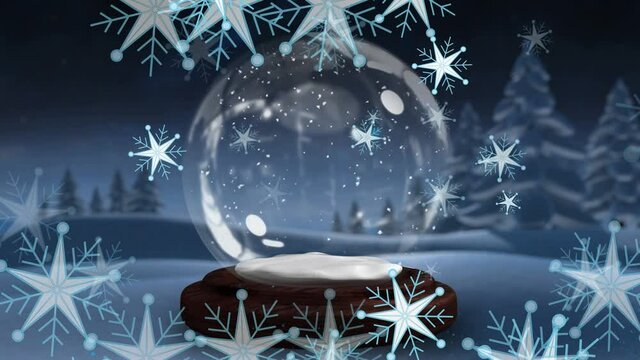 Animation of christmas snowflakes falling over snow globe in winter landscape