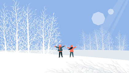 Illustration of a man and woman in a snowy village, winter landscape
