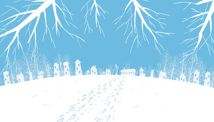 Fototapeta Illustration of footprints in a snowy village
 obraz