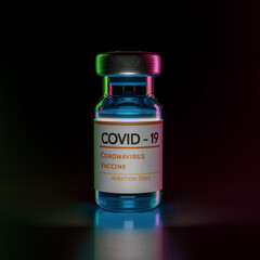 Close up of small bottle with coronavirus vaccine. 3D rendering.
