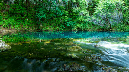 Obraz premium Panorama of Una river spring, summer in Croatia.