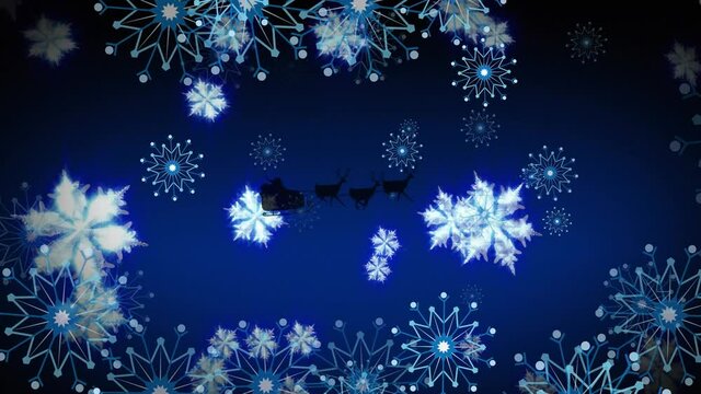 Animation of christmas snowflakes falling over santa claus on dark blue background