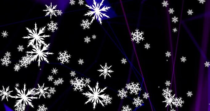 Animation of christmas snowflakes falling on purple and black background