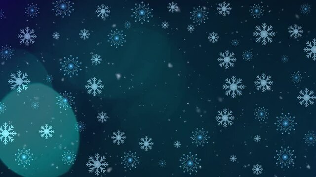 Animation of christmas snowflakes falling on dark blue background