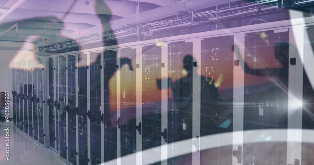Poster animation of computer servers and data processing on screens