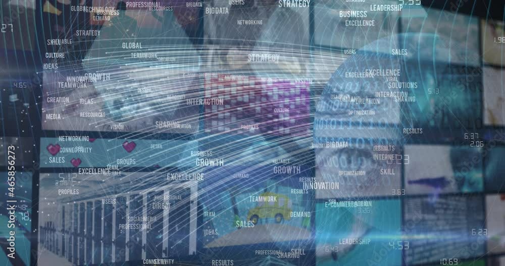 Poster animation of numbers changing and data processing on screens