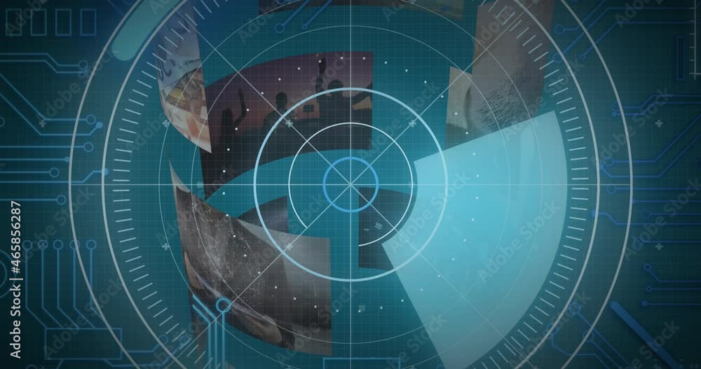 Poster animation of scope scanning, computer circuit board and data processing on screens