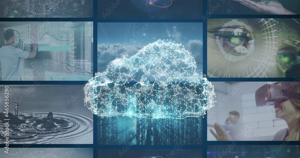 Poster animation of digital cloud and data processing on screens