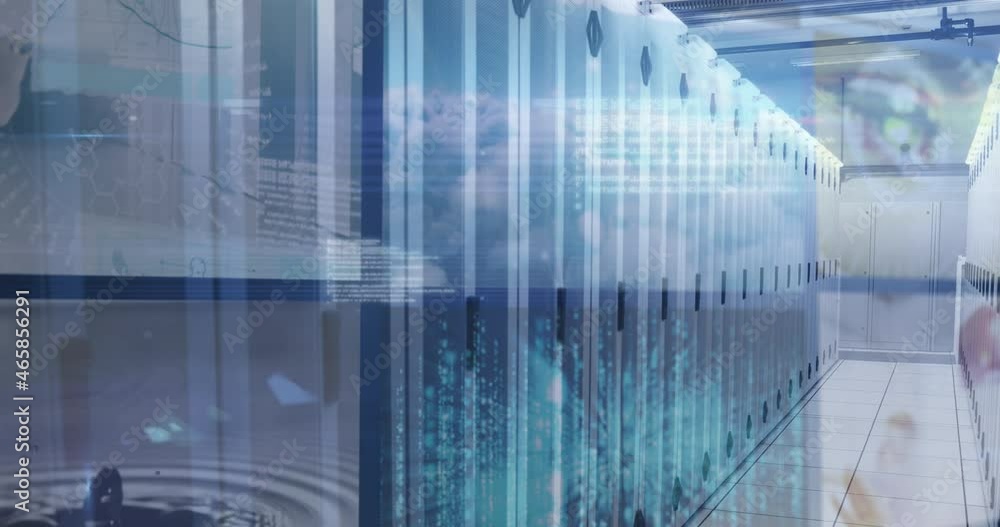 Poster animation of computer servers and data processing on screens