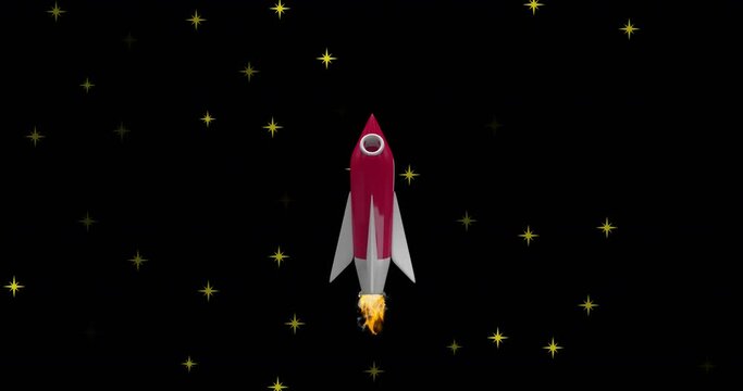 Animation of space rocket flying in space over stars on black background