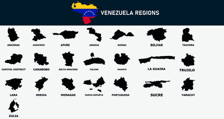 Map of Venezuela regions outline silhouette vector illustration
