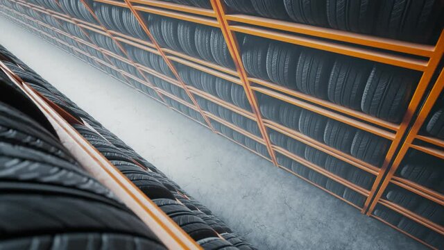 Endless shelves with car wheels. Stacks of black rubber tires. New car tyres.