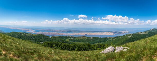 Naklejka premium Panorama of adriatic sea and island Pag, view from mountain. Velebit Nature Park, Croatia.