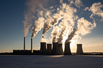 coal fired power station silhouette at sunset, Pocerady, Czech Republic