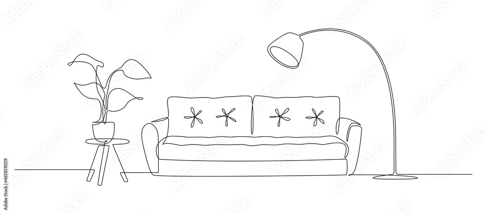 Leinwandbilder Continuous one line drawing of sofa and floor lamp and table with plant. Scandinavian stylish furniture in simple Linear style. Doodle vector illustration