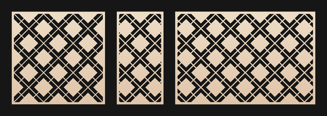 Laser cut panels set. Abstract geometric pattern with square grid, net, lattice, diamond shapes. Decorative stencil for laser cutting of wood, metal, paper, plastic, acryl. Aspect ratio 1:1, 1:2, 3:2