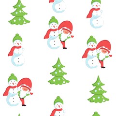 Seamless pattern of Christmas gnome Santa helper with snowman. Holiday vector background