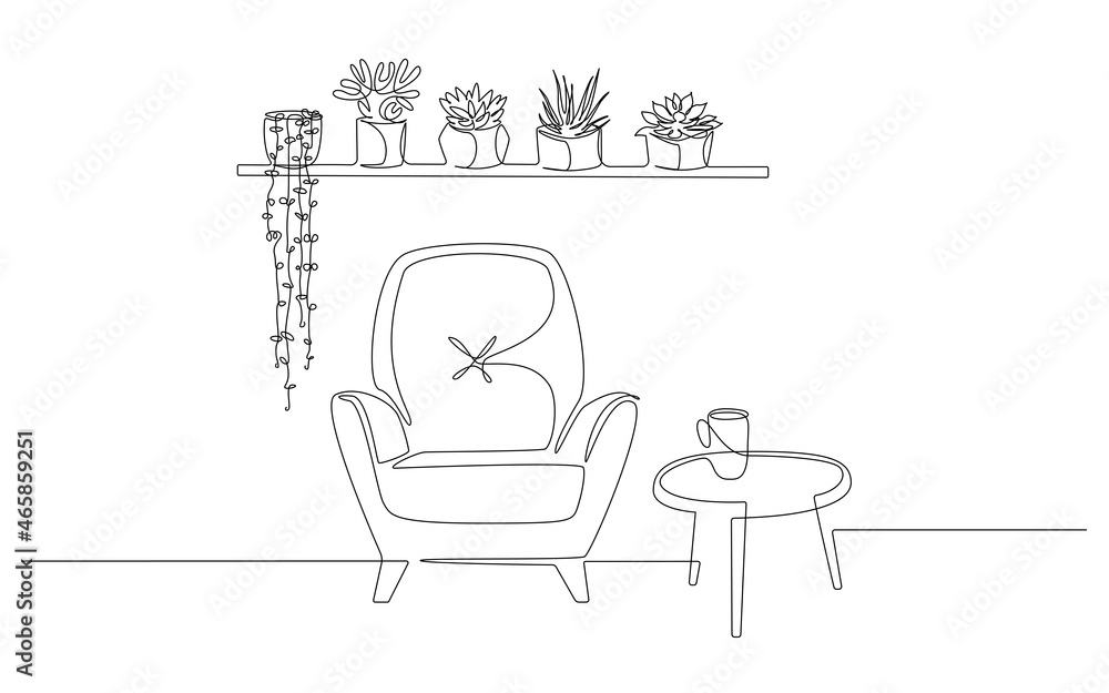 Poster continuous one line drawing of armchair and wall shelf with potted plants and table. scandinavian st