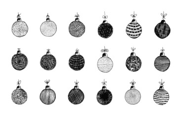 Set of vector sketch textured hand drawn christmas balls. Black ink brush illustration of scribble decorating baubles for New Year cards, patterns and package design