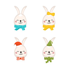 Set of cute rabbit or hare in children style with holiday decorations for New Year and Christmas. Festive funny animals with caps and bows. Vector flat illustration
