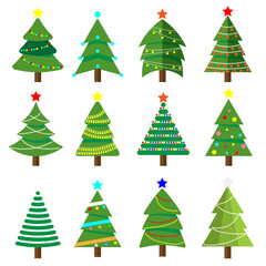 Obraz premium Set of Christmas tree vector icon. New Years tree with heralds, striped Christmas pine. winter holidays party green fir with garland decoration. Decorated xmas trees.