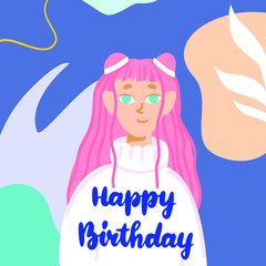 Happy Birthday Girl Greeting Card. Vector Illustration of Holiday Postcard.