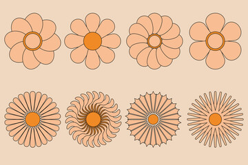 set of simple linear flowers, hippie style