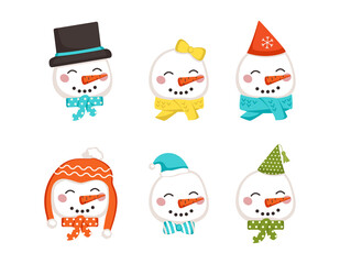 Set of cute snowman in children style with festive decorations for Holiday, New Year and Christmas. Funny character with caps and bows. Vector flat illustration