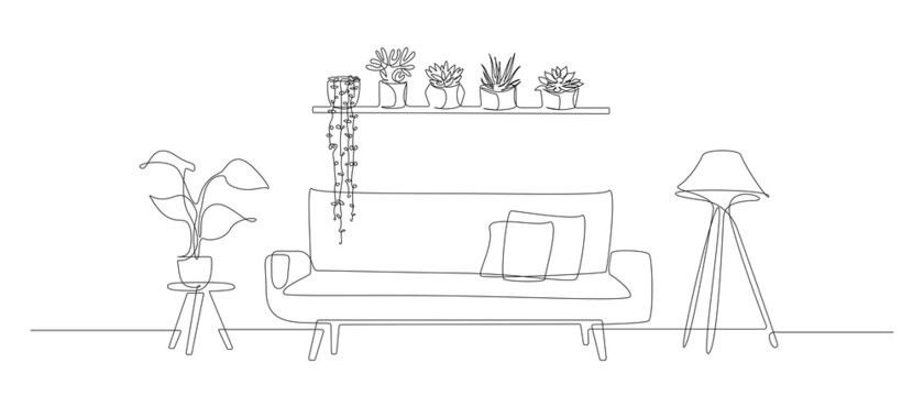 Continuous one line drawing of sofa and wall shelf with potted plants and floor lamp. Modern scandinavian furniture couch in simple linear style. Doodle simple vector illustration
