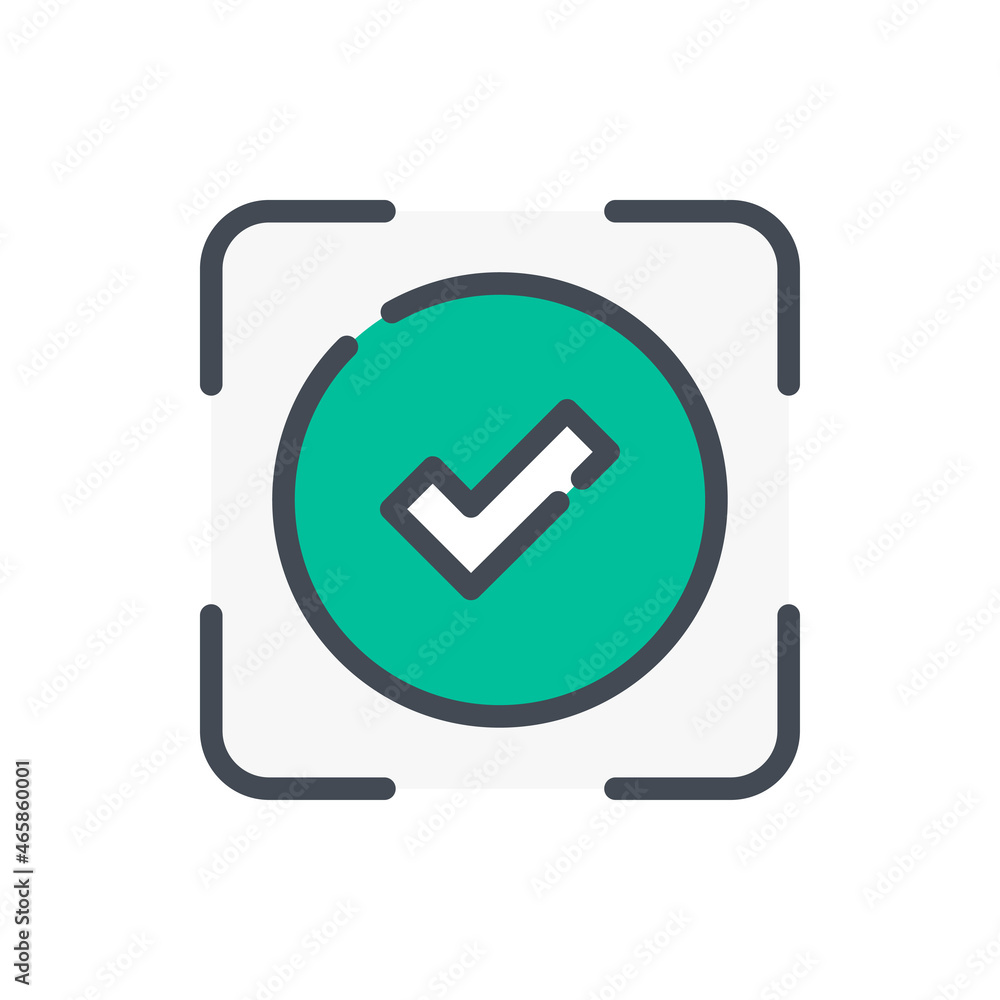 Poster Scanning complete color line icon. Scan frame with check mark in circle vector outline colorful sign.