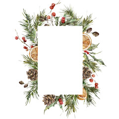 Fototapeta na wymiar Watercolor Christmas vertical frame of spruce branches, lemon slices and pine cones. Hand painted winter plants isolated on white background. Holiday illustration for design, print or background.