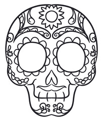 Frontal view of smiling traditional Mexican skull in outlines, Vector illustration