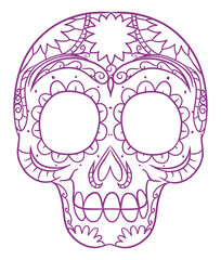 Traditional Mexican skull in purple outlines for Day of the Dead, Vector illustration