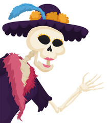 Happy and elegant Catrina skeleton saluting at you, Vector illustration