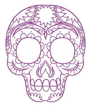 Traditional Mexican skull in purple outlines for Day of the Dead, Vector illustration