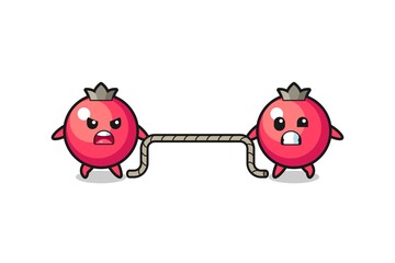 cute cranberry character is playing tug of war game