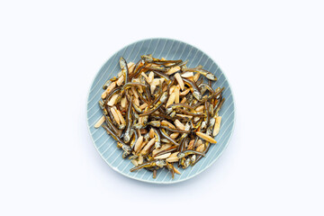 Almonds Mixed Anchovy in plate on white background.
