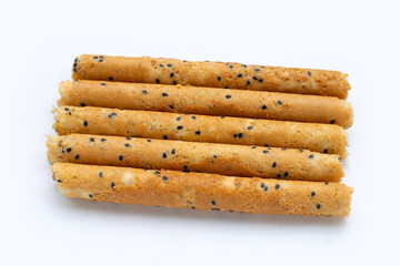 Crispy egg rolls on white background.