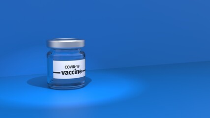 Covid-19 vaccine in spotlight. Small clear glass bottle on clean blue background. Illustration image of labeled bottle of Coronavirus vaccine. 3D Rendering.