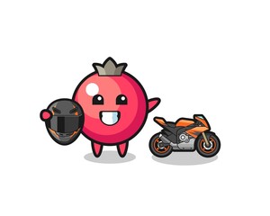 cute cranberry cartoon as a motorcycle racer