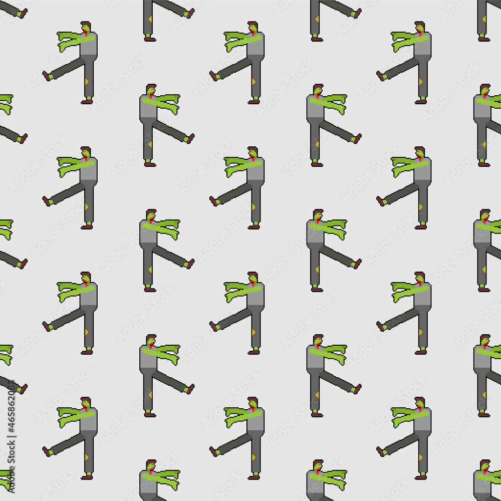 Poster zombie pixel art pattern seamless. pixelated zombi background. 8 bit dead man alive texture