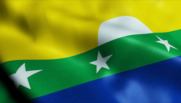3D Waving Venezuela State Flag of Nueva Esparta Closeup View.
