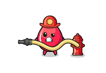 blood drop cartoon as firefighter mascot with water hose