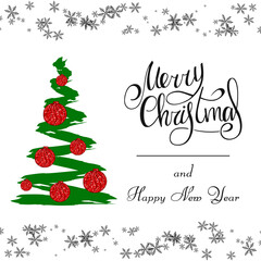Handwritten lettering Merry Christmas and Happy New Year 2022. Christmas tree with red sparkling balls and black snowstorm. White background.