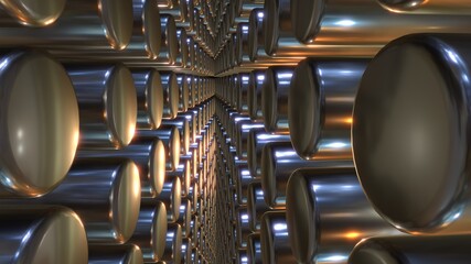 Array of batteries. Cylindrical tanks. Nuclear power plant fuel rods .Battery array . Silver tanks . Metal containers . Steel containers. Chrome tanks. Aluminum tanks.  3d rendering  illustration © vrx123