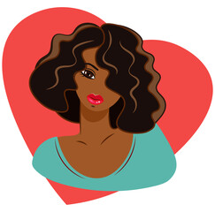 Portrait of a cute African American girl on the background of the heart. Attractive woman smiles, dreams of love, flirts. Postcard, valentine, banner, poster, flyer, Valentine's Day gift. Vector.