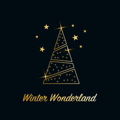 Sparkling Christmas Tree with shiny dust. Golden metallic outline icon with stars on a dark blue background. Merry Christmas and Happy New Year 2022. Golden Metallic. Winter Wonderland.