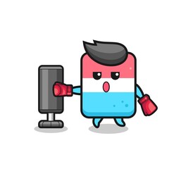eraser boxer cartoon doing training with punching bag