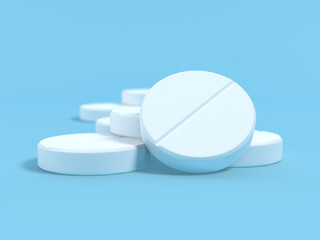 Pills isolated on blue background. Pharmacy theme. Pharmaceutical tablets. 3d illustration.